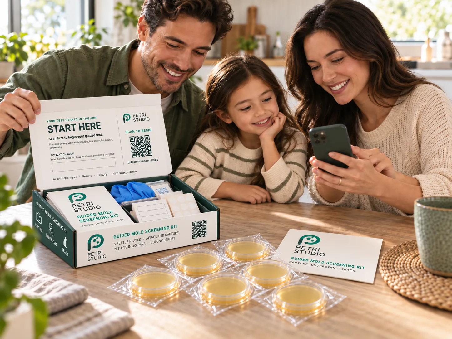 A family at a kitchen table with an open Petri Studio kit, sealed culture plates, and a phone showing the app.