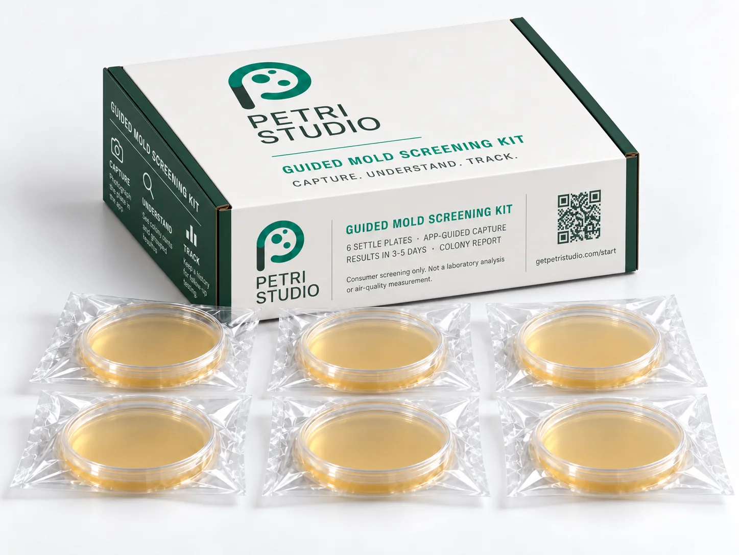 The Petri Studio Guided Mold Screening Kit box with six sealed culture plates laid out in front of it.
